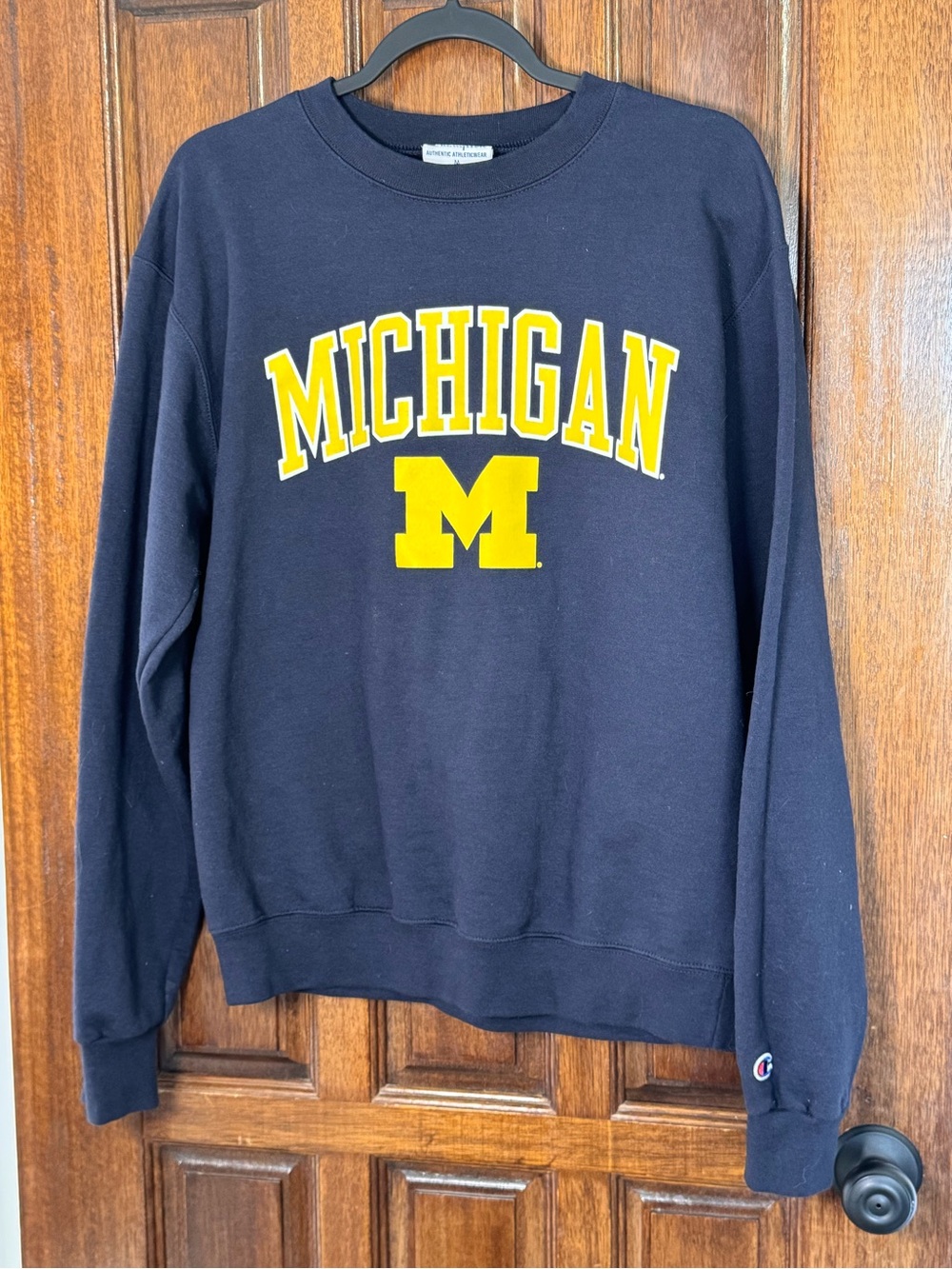 Champion Navy Crewneck Sweatshirt with Yellow Michigan Logo